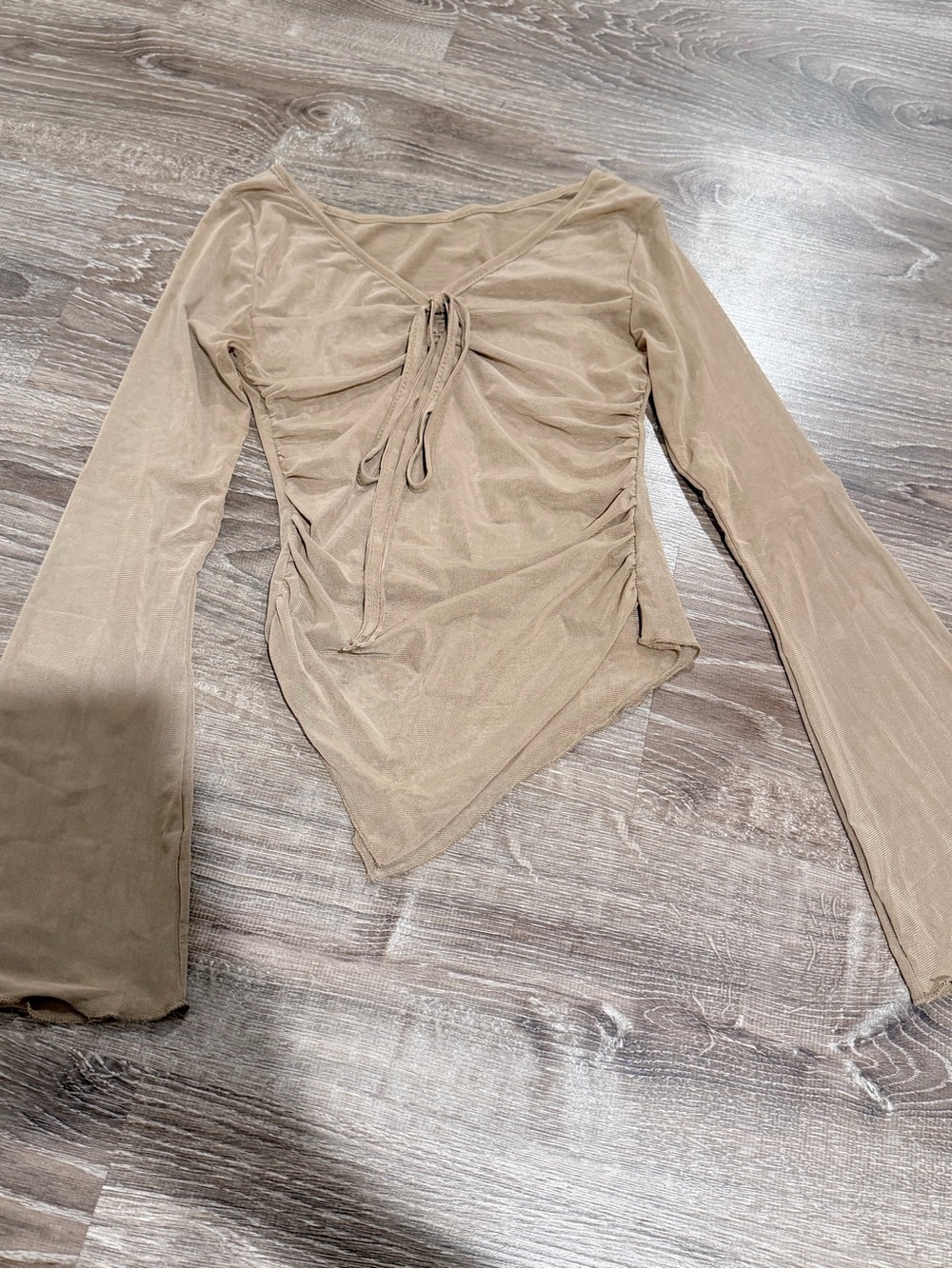 Mesh Ruched Tie-Front Long Flare Sleeve Asymmetrical Top Beige Size S/M